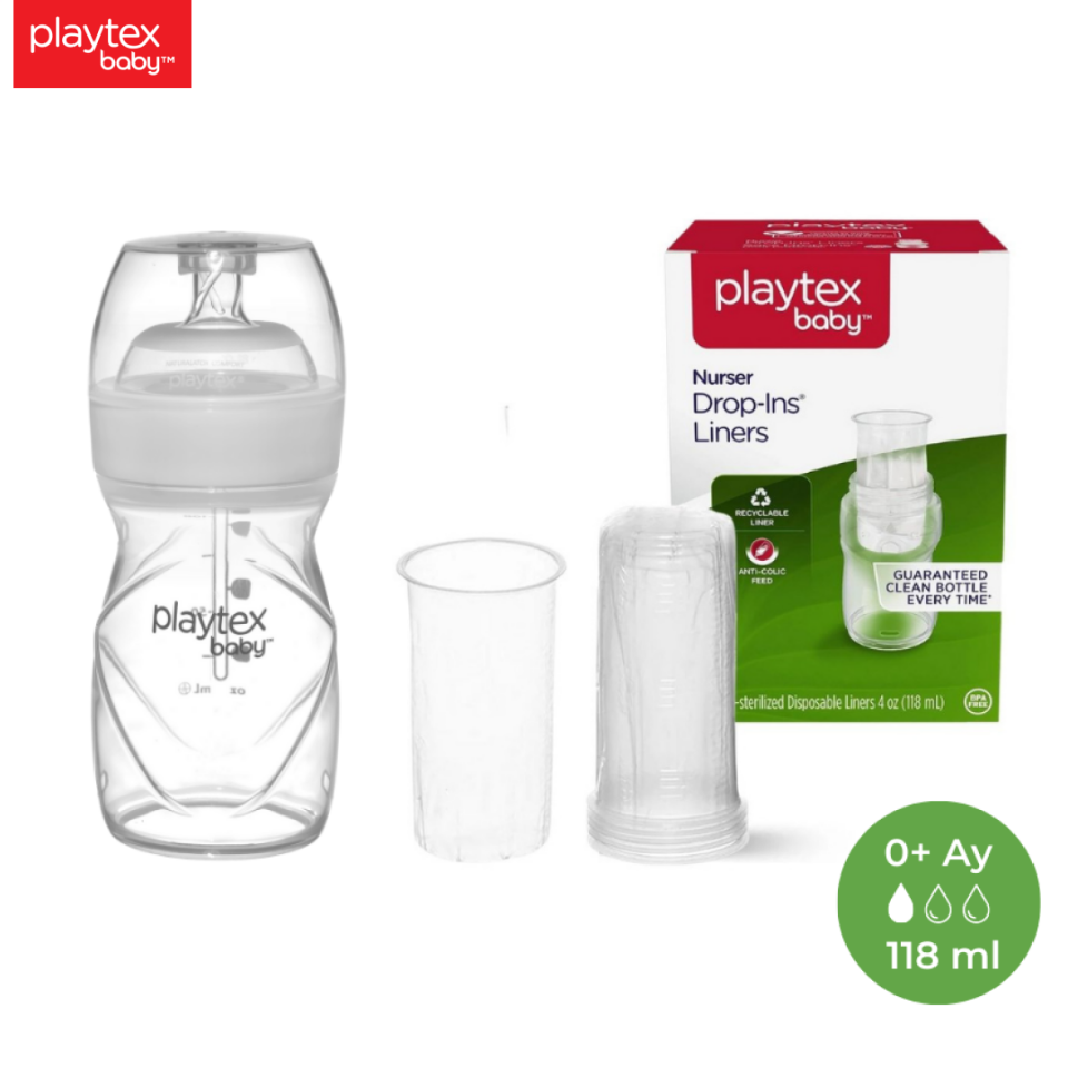 Playtex Baby™ Yenidoğan Biberon & Liners® Seti, 118ml 0+ Ay,Yavaş Akış  (1 Adet Biberon + 5 Adet Liners) ve 50 Adet Tek Kullanımlık anti-Kolik, Sterilize Biberon Torbası, 0+ Ay,