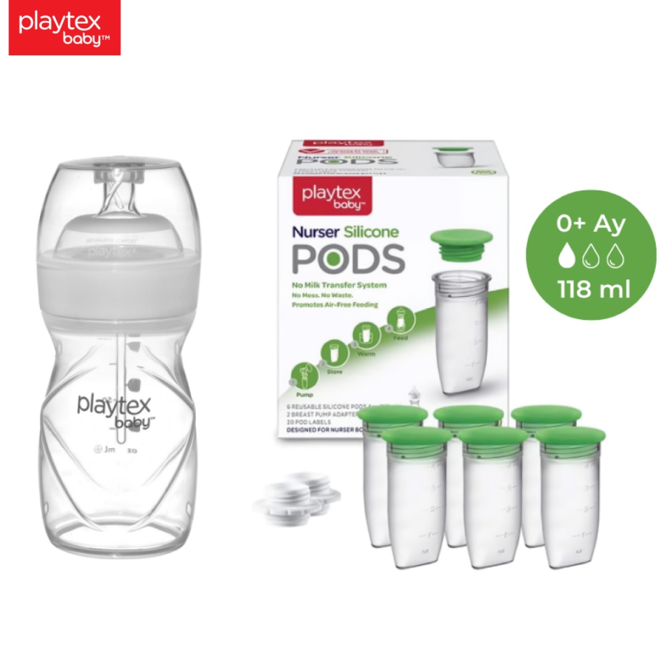 Playtex Baby™ Yenidoğan Biberon & Liners® Seti , Anti-Kolik, Yavaş Akış, 118m l0+ Ay ( 1 Adet Biberon + 5 Adet Liners) ve Silikon PODS® Anne Sütü Saklama Kapları (118ml, 6'lı Paket, 2 Adet Pompa Adaptörü)