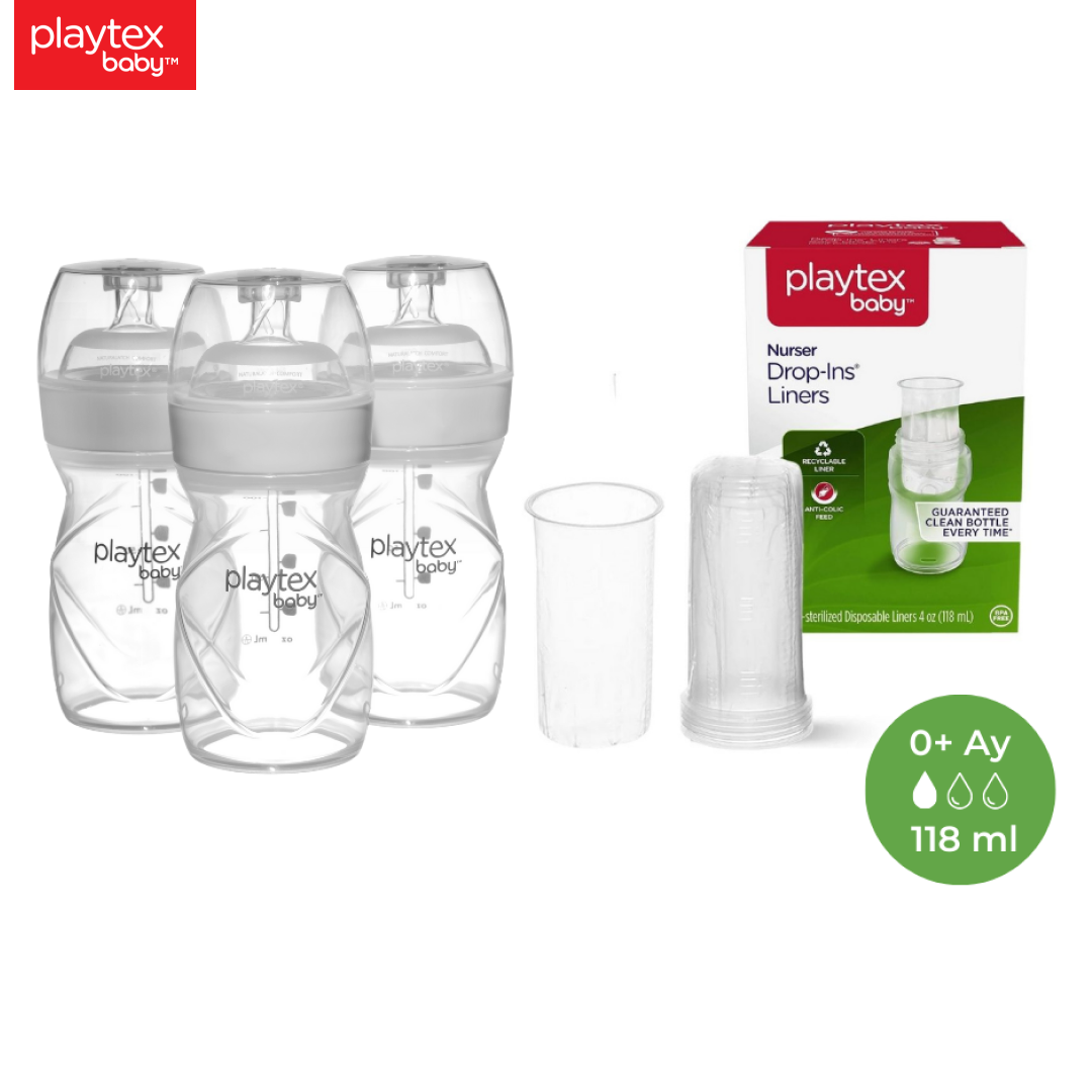 Playtex Baby™ Yenidoğan Biberon & Liners® Seti, 118ml 0+ Ay,Yavaş Akış  (3 Adet Biberon + 15 Adet Liners) ve 100 Adet Tek Kullanımlık anti-Kolik, Sterilize Biberon Torbası, 0+ Ay,