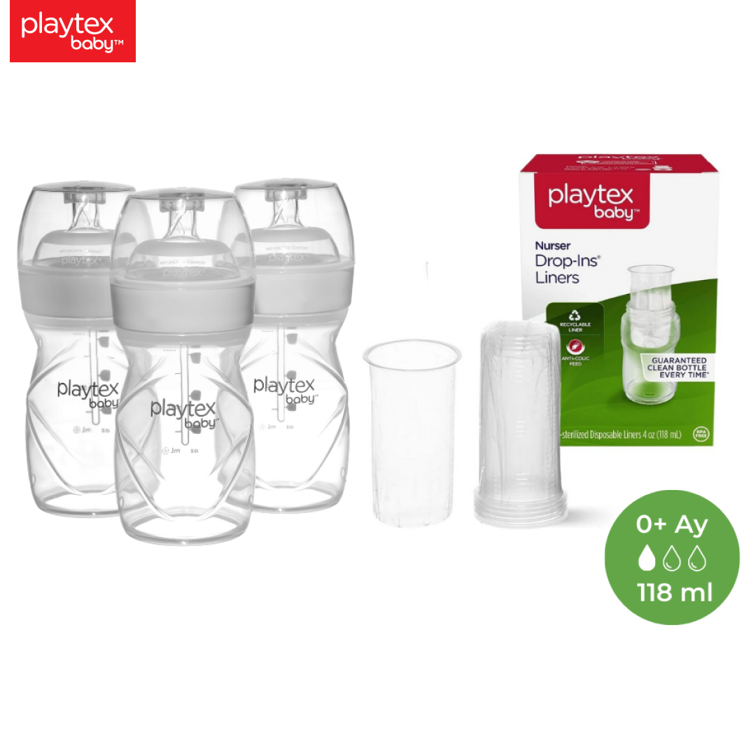 Playtex Baby™ Yenidoğan Biberon & Liners® Seti, 118ml 0+ Ay,Yavaş Akış  (3 Adet Biberon + 15 Adet Liners) ve 50 Adet Tek Kullanımlık anti-Kolik, Sterilize Biberon Torbası, 0+ Ay,