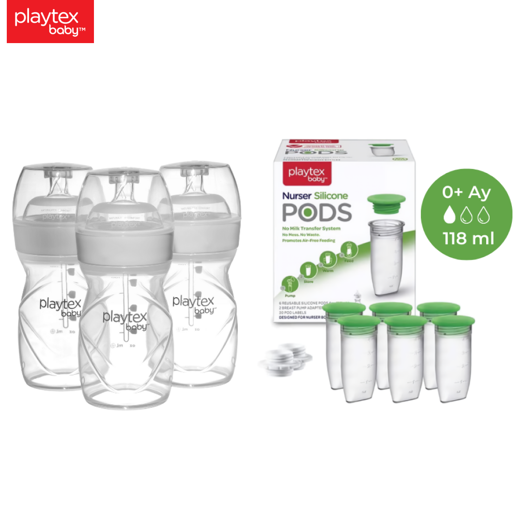 Playtex Baby™ Yenidoğan Biberon & Liners® Seti , Anti-Kolik, Yavaş Akış, 118ml,  0+ Ay ( 3 Adet Biberon + 15 Adet Liners) ve Silikon PODS® Anne Sütü Saklama Kapları (118ml, 6'lı Paket, 2 Adet Pompa Adaptörü)