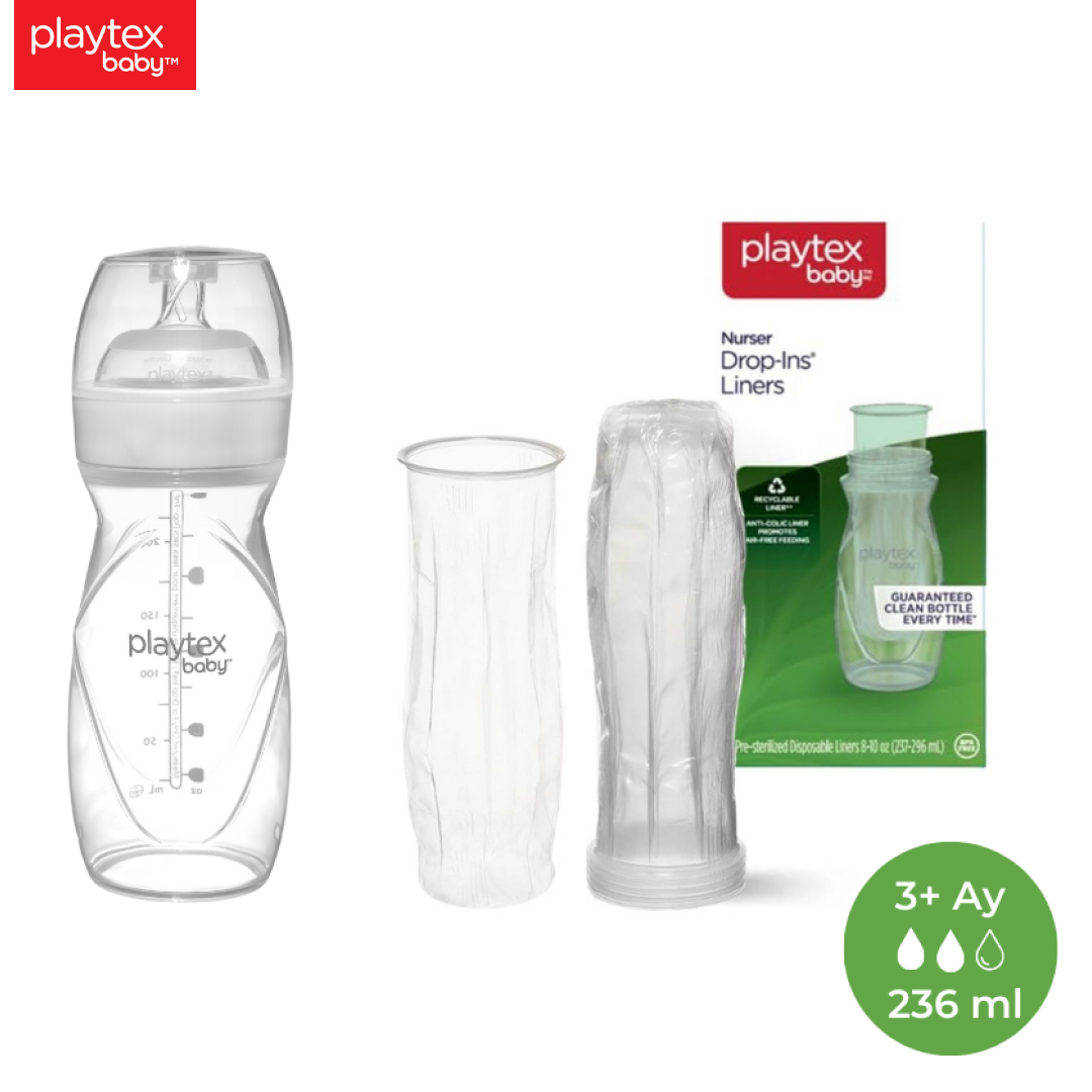 Playtex Baby™ Yenidoğan Biberon & Liners® Seti, 236ml 3+ Ay,Orta Akış  (1 Adet Biberon + 5 Adet Liners) ve 100 Adet Tek Kullanımlık anti-Kolik, Sterilize Biberon Torbası, 3+ Ay,