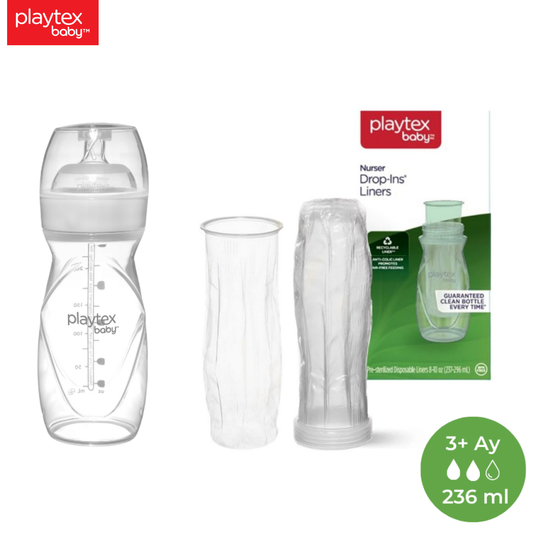 Playtex Baby™ Yenidoğan Biberon & Liners® Seti, 236 ml 3+ Ay,Orta Akış  (1 Adet Biberon + 5 Adet Liners) ve 50 Adet Tek Kullanımlık anti-Kolik, Sterilize Biberon Torbası, 3+ Ay,