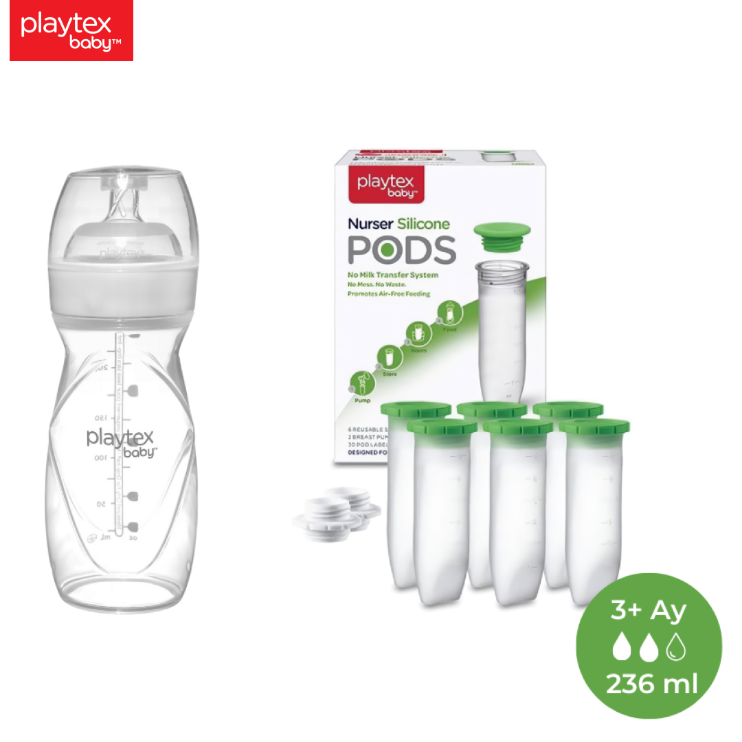 Playtex Baby™ Yenidoğan Biberon & Liners® Seti , Anti-Kolik, Orta Akış, 236ml 3+ Ay (1 Adet Biberon + 5 Adet Liners) ve Silikon PODS® Anne Sütü Saklama Kapları (236ml, 6'lı Paket, 2 Adet Pompa Adaptörü)