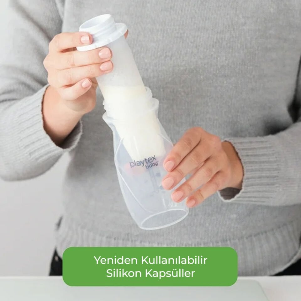 Playtex Baby™ Yenidoğan Biberon & Liners® Seti , Anti-Kolik, Orta Akış, 236ml 3+ Ay (1 Adet Biberon + 5 Adet Liners) ve Silikon PODS® Anne Sütü Saklama Kapları (236ml, 6'lı Paket, 2 Adet Pompa Adaptörü)