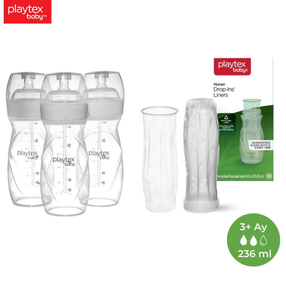 Playtex Baby™ Yenidoğan Biberon & Liners® Seti, 236 ml 3+ Ay,Orta Akış  (3 Adet Biberon + 15 Adet Liners) ve 100 Adet Tek Kullanımlık anti-Kolik, Sterilize Biberon Torbası, 3+ Ay,
