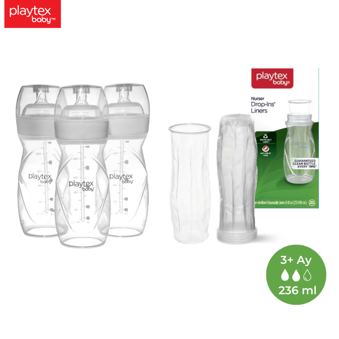 Playtex Baby™ Yenidoğan Biberon & Liners® Seti, 236 ml 3+ Ay,Orta Akış  (3 Adet Biberon + 15 Adet Liners) ve 50 Adet Tek Kullanımlık anti-Kolik, Sterilize Biberon Torbası, 3+ Ay,