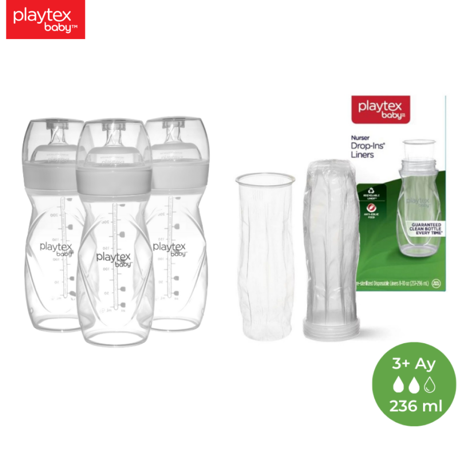 Playtex Baby™ Yenidoğan Biberon & Liners® Seti, 236 ml 3+ Ay,Orta Akış  (3 Adet Biberon + 15 Adet Liners) ve 50 Adet Tek Kullanımlık anti-Kolik, Sterilize Biberon Torbası, 3+ Ay,
