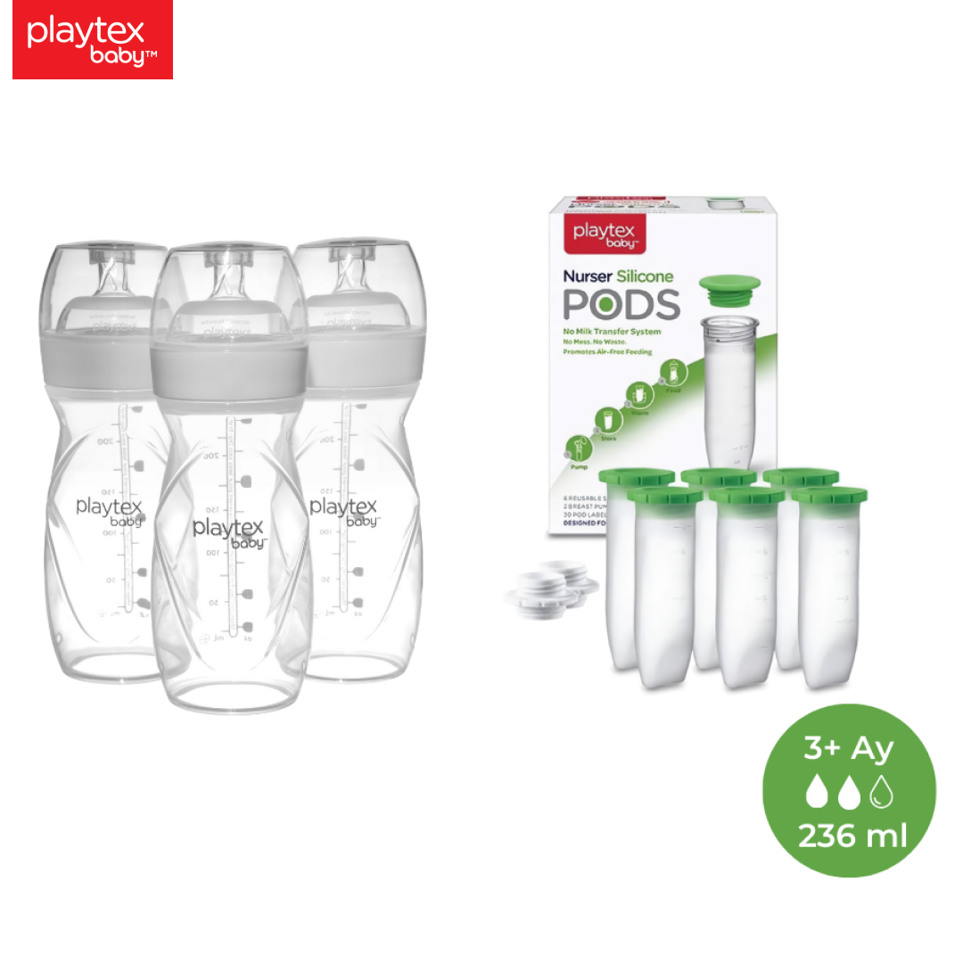 Playtex Baby™ Yenidoğan Biberon & Liners® Seti , Anti-Kolik, Orta Akış, 236ml 3+ Ay (1 Adet Biberon + 5 Adet Liners) ve Silikon PODS® Anne Sütü Saklama Kapları (236ml, 6'lı Paket, 2 Adet Pompa Adaptörü)
